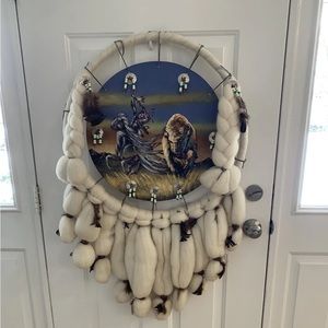 Vintage Large Dream Catcher Fur Wool Feathers Native American Beaded handpainted